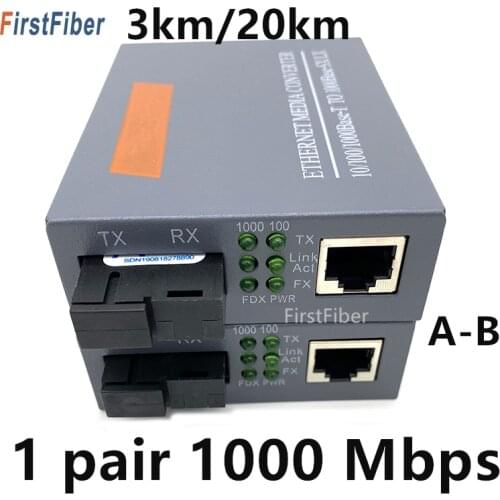 1 Pair 10/100/1000Mbps 3KM or 20KM Media Converter Fiber Optica Transceiver FTTH Optic Gigabit Conversor De Fibra SM