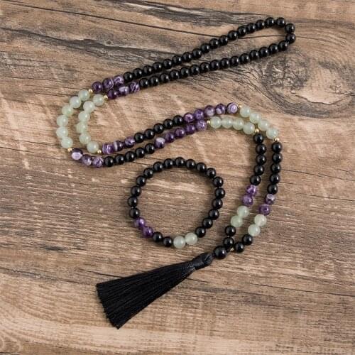 8mm Natural Amethyst and Aventurine Jade Black Onyx Beadeds Necklace 108Mala Bead Meditation Yoga Jewelry Japamala Rosary Sets