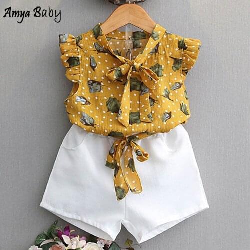Amya Baby 2020 Girls Summer Clothes Toddler Valentine Outfit Floral Dot Chiffon Tops + Short Pants 2pcs Girls Clothing Sets