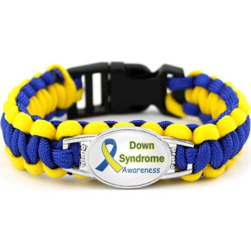 Down Syndrome Awareness Cancer Ribbon Bracelets Survival Paracord Charm Bracelets 25*18mm Glass Cabochon Men Women Boy Jewelry