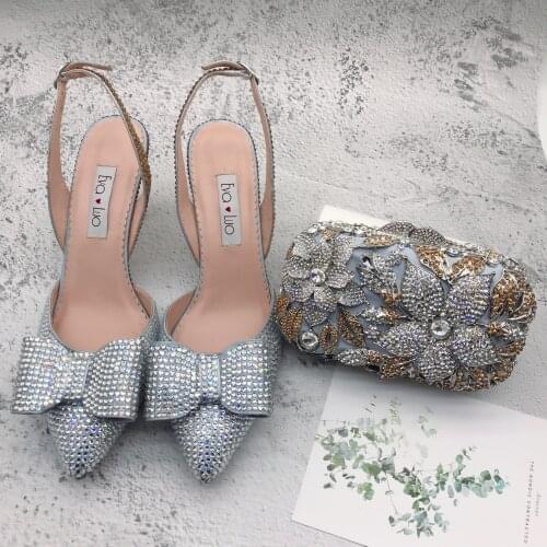 BS1217 Custom Handmade Crystal SlingBacks Big Size Women Shoes Silver Gold Low Heel Bridal Wedding Shoes And Bag Set