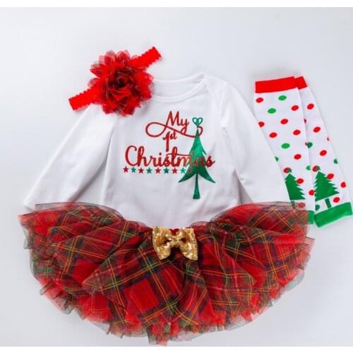 Baby Clothes 4 Piece Set Christmas Party Romper Bow Decroration Lattice Tutu Dress Girls Princess Dresses With Hairband Socks