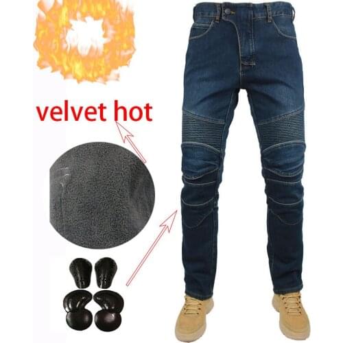 Classic Motorcycle Jeans Drop Resistance Slim Denim Cycling Racing Pants Motocross Off-road Hockey Pants with velvet for winter