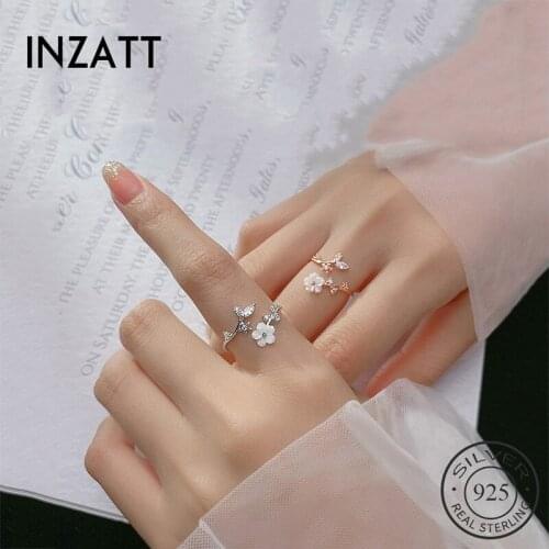 INZATT Real 925 Sterling Silver Zircon Shell Flower Adjustable Ring For Fashion Women Wedding Fine Jewelry Cute Accessories