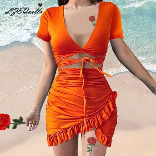 LZEQuella Summer Sexy V Neck Floral Print Mini Boho Dress Women Strap Ruffled Hollow Dresses Femme Beach A-Line Vestidos NZ3636