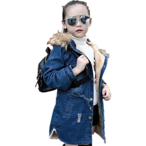 Fashion Girls Denim Jacket Children Coats Kids Hooded Winter Clothes Plus Fluff Collar Baby Jacket Kids Winter Clothing Girls