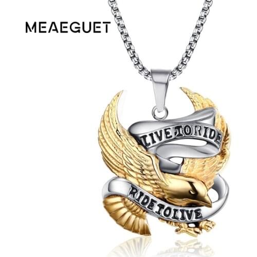Meaeguet Fashion Eagle Necklace Pendants LIVE TO RIDE Biker Sport Men Gold-Color Stainless Steel Hero Jewelry 24" Chain