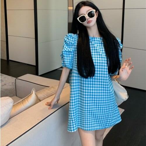 Fashion Loose Dress for Women Plaid Puff Sleeve Vintage Preppy Style Summer Ladies Short Dresses Female Clothes Korean New