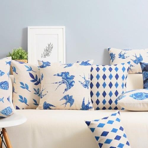 Chinese Blue Swallows Bird Pillow Cover WaterColor Geometric Cushion Home Decorative Office Sofa PillowCase