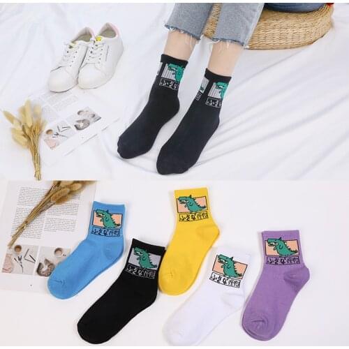 Womens Cartoon Socks Korean Style Monster Dinosaur Socks 1 Pair Pink White Yellow Purple Color Socks Funny Socks EU 35-43 Size