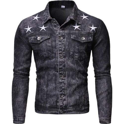 2019 Autumn Men Star Print Denim Jacket Mens Casual Slim Fit Bomber Jackets Men Cowboy Outerwear M-2XL