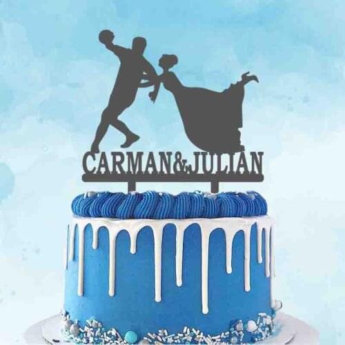 Personalized Handball Player Wedding Cake Topper Custom Couples Name Bride and Groom Playing Handball Silhouettes Cake Topper
