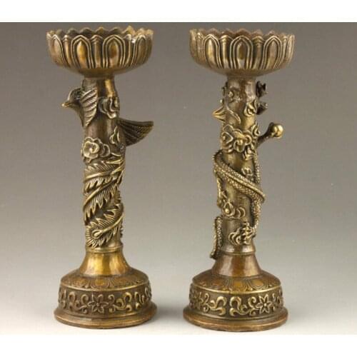 17.8 cm * / Chinese Handmade Fine Dragon And Phoenix Bronze Candlestick Pair metal handicraft