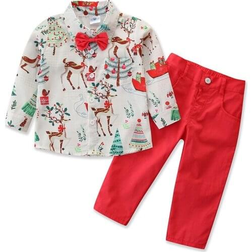 Christmas Clothes Cartoon Print Baby Boy Clothes Set Boys Outfits Boutique Kids Clothing Elk Shirt Red Pants Two-Piece suit