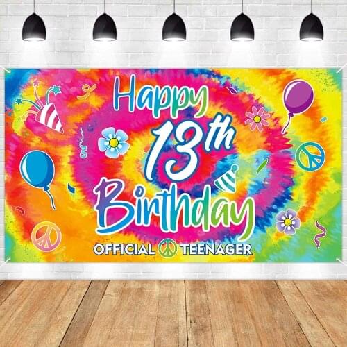 Tie Dye Happy 13th Birthday Backdrop Banner Cheers To 13 Years Background Extra Large Balloons Hippie Party Decoration Supplies