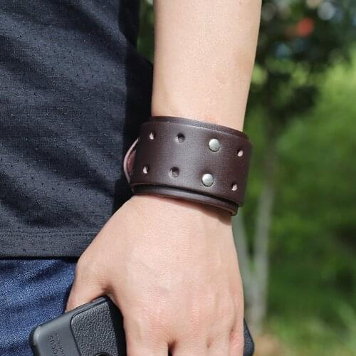 Trendy Vintage Adjustable Brown Mens Leather Bracelets Handmade Wide Wrap Bracelets Women Home Jewelry