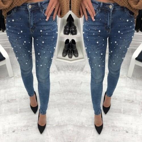 Streetwear Fashion Pearl Beaded Pencil Jeans Women Skinny Denim Pants Blue Black Vintage Mom Stretch Jean Trousers Middle-Rise