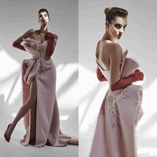 2020 High Split Evening Dresses Pink Tulle Sweetheart Sweep Train Embroidery Mermaid Prom Dress Custom Made Robes De Soirée