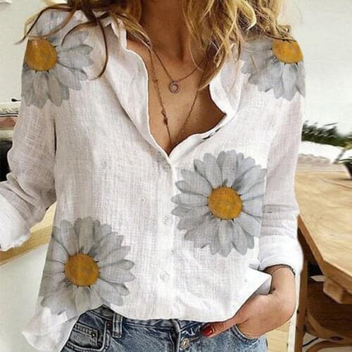 Fashion Womens Loose Buttons Printing Lapel Long Sleeves T-shirts Blouse Tops