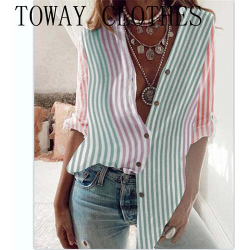 Women Summer Turn-down Collar Striped Print Colorblock Button Decor Half Sleeve Blouse