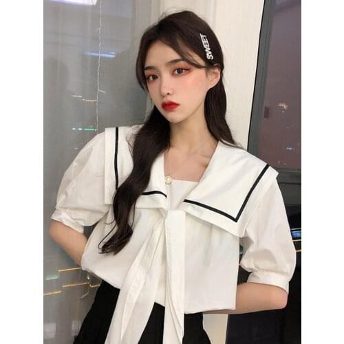 Women Tops Navy Stand Collar Stand Collar White Shirt Ladies Summer New Design Sense Niche Shirt Fluffy Sleeve Chic Top