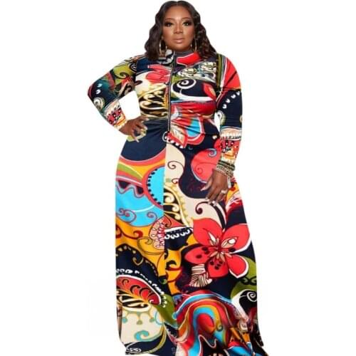 5XL Plus Size Maxi Dress Women Zipper Draped Stand Collar Robe Autumn New Fashion Flower Print Casual Large Size Long Dress Gown