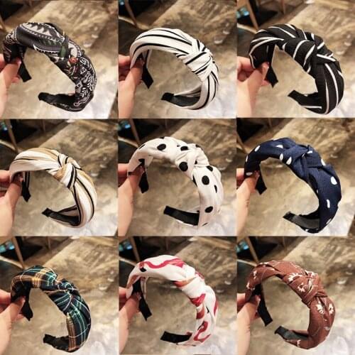 Womens Temperament Hair Accessories Knotted Headband Girl Polka Dot Solid Color Hairband Striped Print Headband