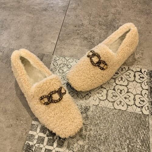 2021 New Spring Metal Buckle Casual Shoes Female Warm Plush Flats Women Shoes Woman Square Low Heels Fur Slip on Ladies Shoes