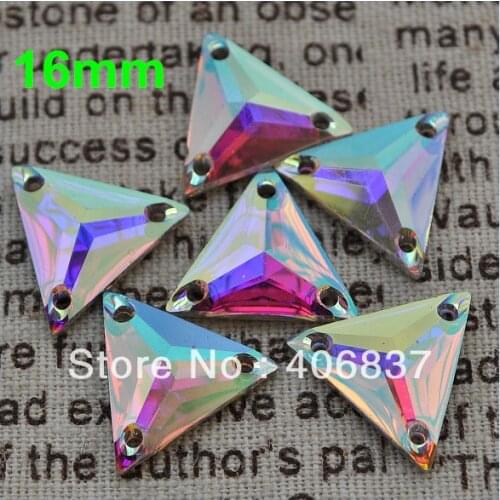 Free Shipping, 100pcs/Lot, 16mm Crystal AB / Clear AB sew on Tri-angle flat back resin sew on stones