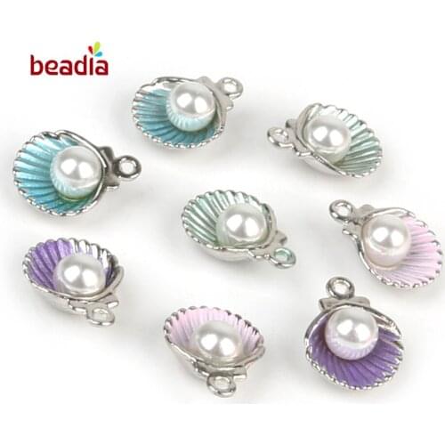 Shell Shape With White Pearl Beads DIY Enamel Charm Fashion Earring Pendant Necklace Metal Tone Hole 1.5mm Jewelry Making