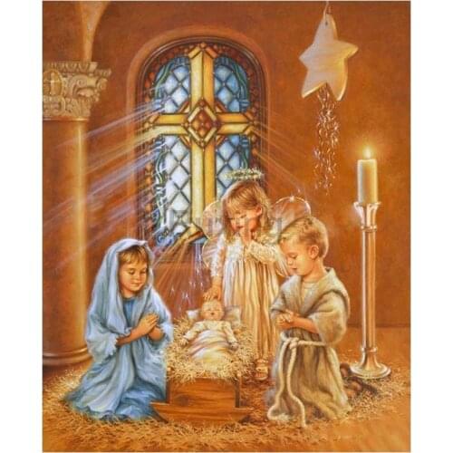 Church cherub kids full square drill diamond embroidery Rhinestone cross stitch diy diamond mosaic round crystal Home Decoration