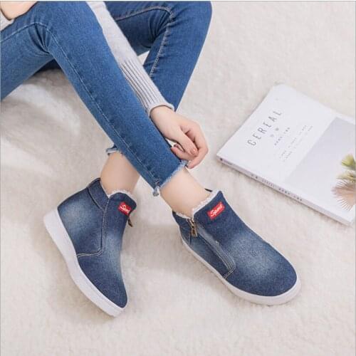 Denim winter shoes woman 2020 new women sneakers side zipper plush platform warm winter canvas shoes plus size