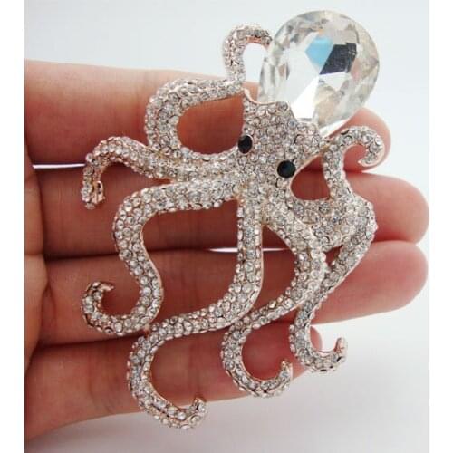 Classic ornate octopus white crystal rhinestones rose Gold Tone pendant brooch pins Very beautiful unique girl