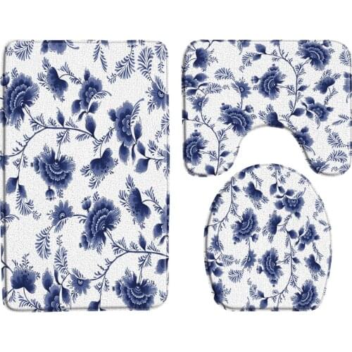 Chinese Style Plants And Flowers Bath Mat 3 Set Non Slip Entrance Door Mat Bathroom Rug Mats Toilets Carpeted Bathroom Products