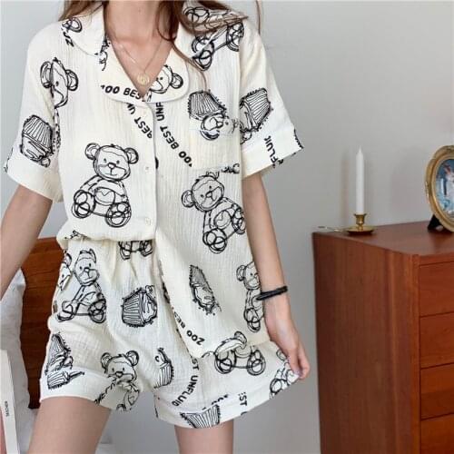 Summer Womens Pajama Short Sleeve 100% Cotton Two-piece Pajamas Thin Little Bear Graffiti Sleepwear Cartoon Nightwear Sleep Wear