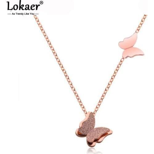 Lokaer Trendy Titanium Steel Double Flying Butterfly Animal Pendant Necklace Link Chain Choker Necklace Jewlery For Women N17033