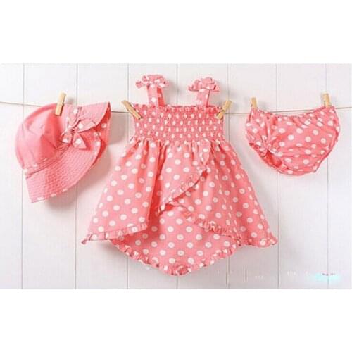Fashion Baby Set Dot Dress +hat +shorts Princess Romper Dresses Kids Infant Baby Summer Clothes