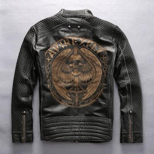 Avirexfly skulls leather motorcycle jacket men slim fitted leather biker jacket for men fashion leather jacket men engraving XXL