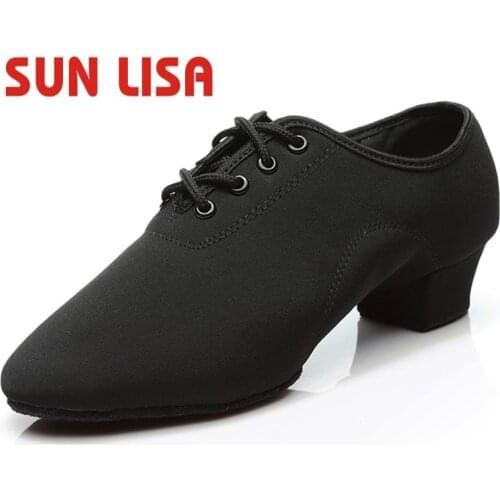 SUN LISA Black Mens Indoor & Outdoor Oxford Leather & Rubber Sole Chunky Heel Sneaker Ballroom Modern Latin Dance Shoes