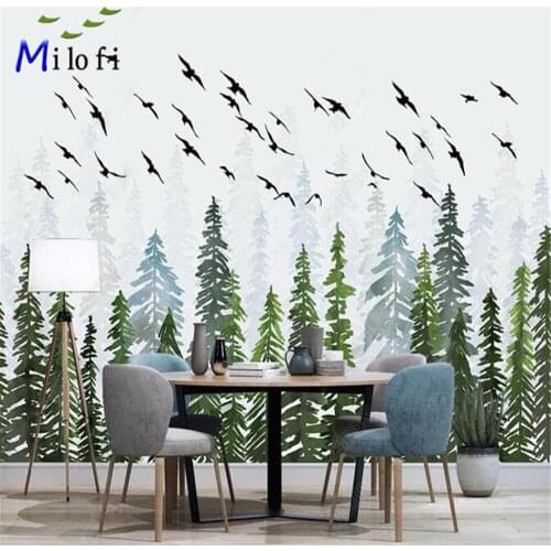 Milofi custom 3D wallpaper mural Nordic hand-painted fantasy trees and birds modern minimalist TV background wall