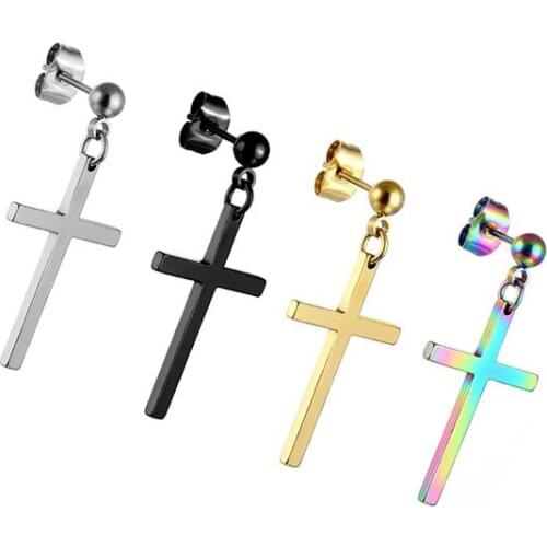 Factory Wholesale New Fashion Black Silver Colorful Cross Stainless Steel Drop Earrings for Men and Women