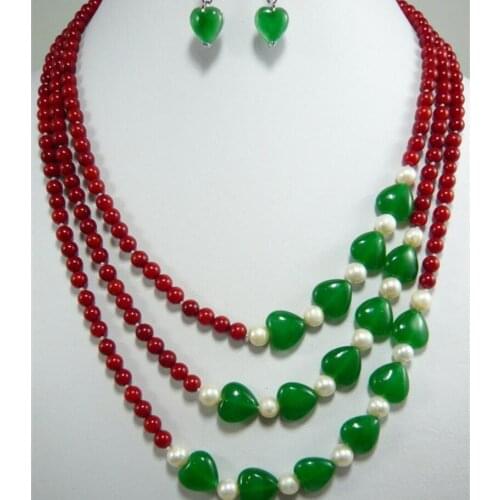 3 rows of red shell pearl necklace Green Heart Earrings metal silver plated jewelry set gift
