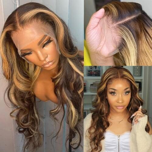 Wavy Human Hair Wigs Brown Highlight Lace Front Wig Pre Plucked for Black Women Remy Hair 180% Ombre Blonde Loose Wave Lace Wigs