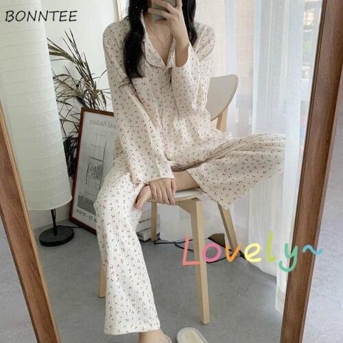 Pajama Sets Women Kawaii Printed Loose Casual Soft Homewear Cotton Korean Style High Quality Sleepwear Ladies Turn Down Collar
