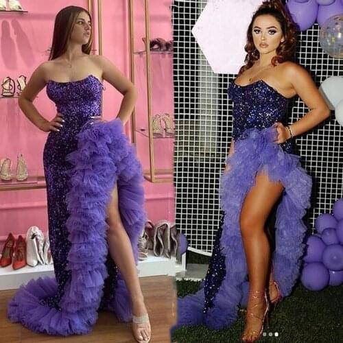 Shwaepepty Sparkle Sequin Purple Prom Dresses 2021 Thigh High Slit Ruffles Train Strapless Cocktail Party Special Occasion Gowns