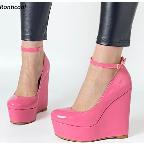 Ronticool Handmade Women Glossy Pumps Ankle Strap Buckle Wedges High Heels Round Toe Black Party Shoes Women US Plus Size 5-20