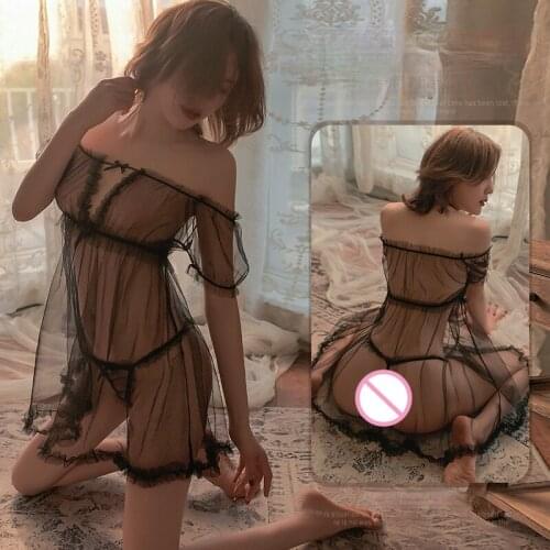 Sexy lingerie women Exotic clothes deep V perspective soft yarn chiffon fairy short-sleeved one-shoulder eroticos sexy dress set