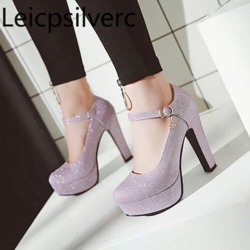 Pumps Spring and autumn new fashion Sequin Round head Shallow mouth Buckle Thick heel High heel Womens shoes plus size 32-43