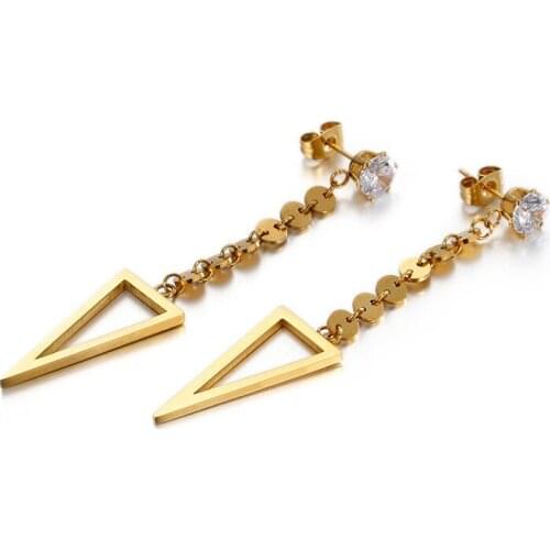 Japanese and Korean fashion new temperament cubic zirconium stones wild round long tassel triangle earrings