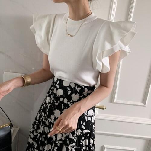 Chic Korean Style Double Layers Ruffled Flare Short Sleeves O-neck T-shirt Summer Fashion Women Tee Top